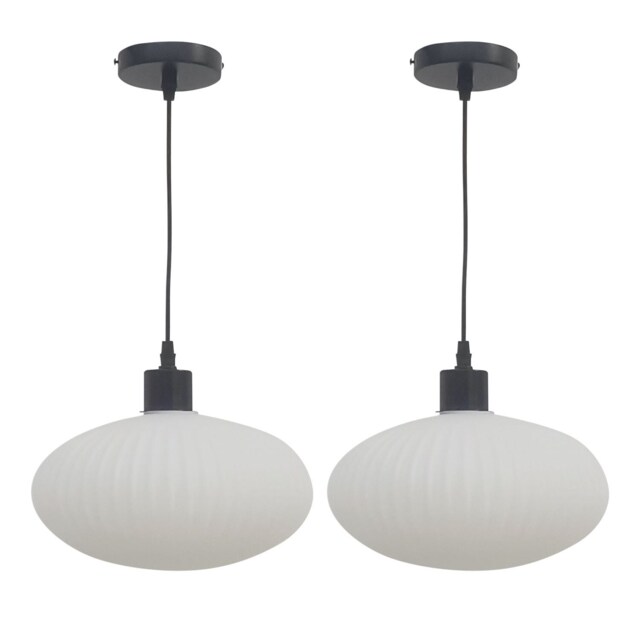 Set of 2 Baton - White Ribbed Oval Glass with Black Pendant Fittings White White 2