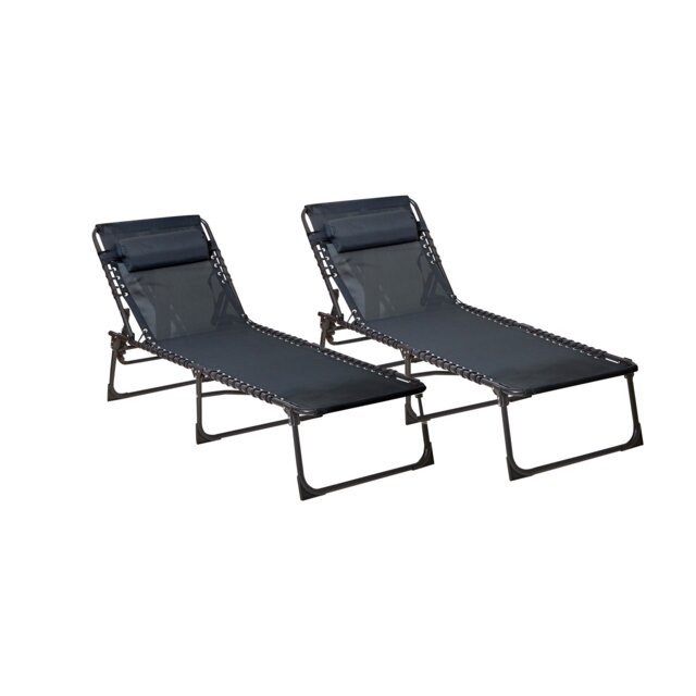 Neo Pair of Outdoor Portable Lightweight Sun Lounger Sunbed Folding Camping Reclining Lounge Chair Garden Beach Patio Black