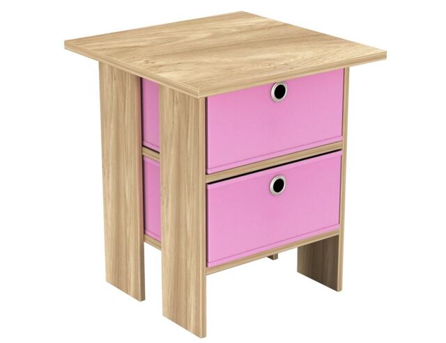 2-Tier 2- Drawer Wooden Side Table Brown Oak & Pink 1