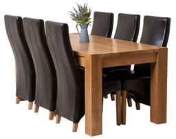 Kuba 180 x 90 cm Chunky Oak Dining Table and 6 Lola Leather Chairs Brown Brown