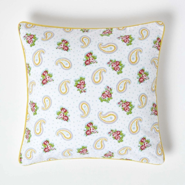 Homescapes Cotton Paisley and Dots Cushion Cover - 45 x 45 cm White White 45 x 45 cm