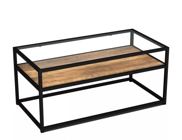 Glass Display Top Coffee Table with Steel Frame Reversible Wooden Storage Shelf Black Rustic Oak