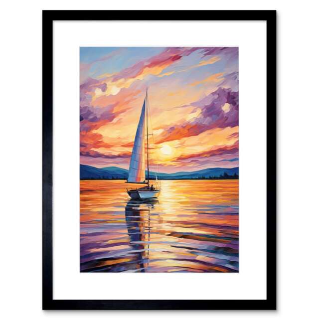 "Sunset Sailing Vibrant Orange Purple Blue Bathroom 9x7"" Black Framed Wall Art Print"