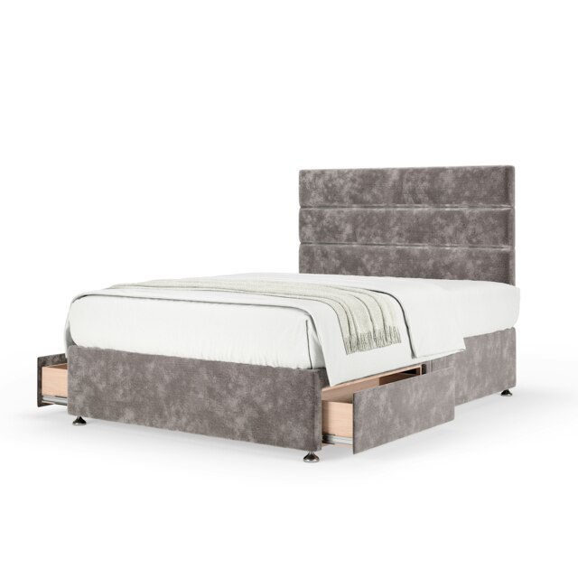 Signature Platinum 2000 Pocket Sprung Silver Chenille 2 Drawer Divan Set And Milan Headboard Small Double