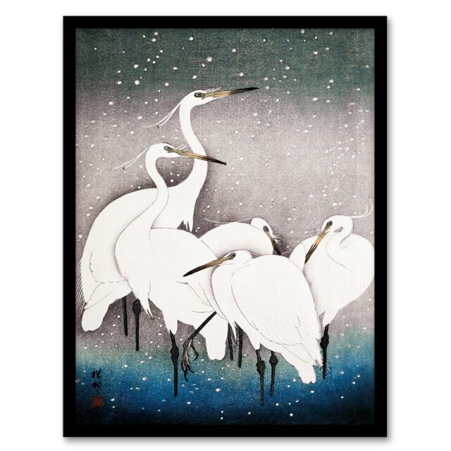 Ohara Koson Framed Wall Art Print Group Of Egrets in Falling Snow Home Décor