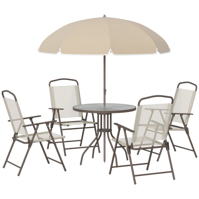 Outsunny 6PC Garden Dining Set Outdoor Furniture Folding Chairs Table Parasol White