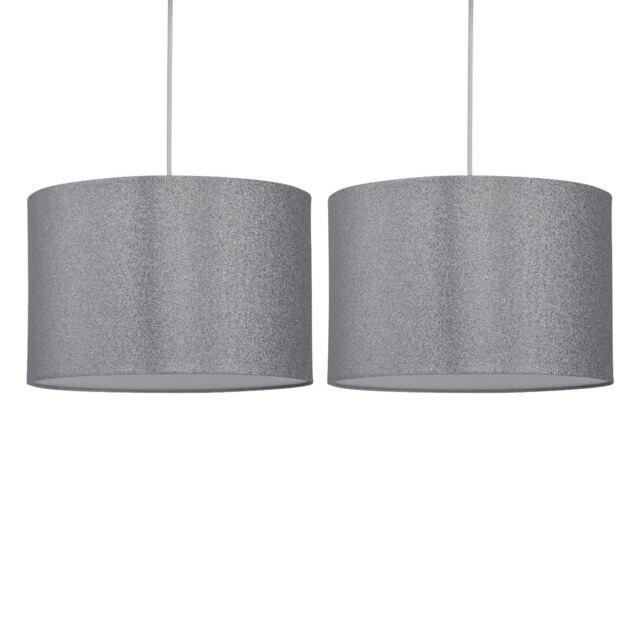 Set of 2 Silvery Grey Glitter 25cm Pendant Lightshades Grey Medium 2