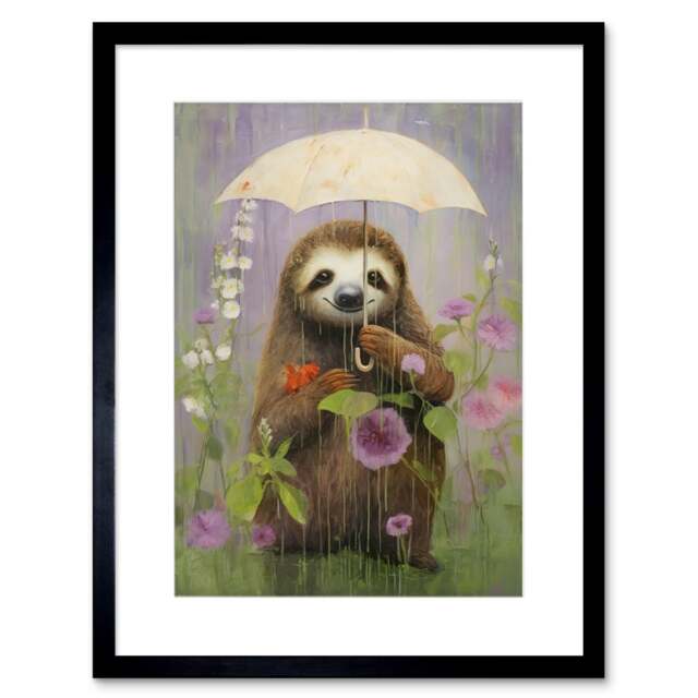 "Picking Flowers Rain Cute Sloth Meadow 9x7"" Black Framed Wall Art Print"