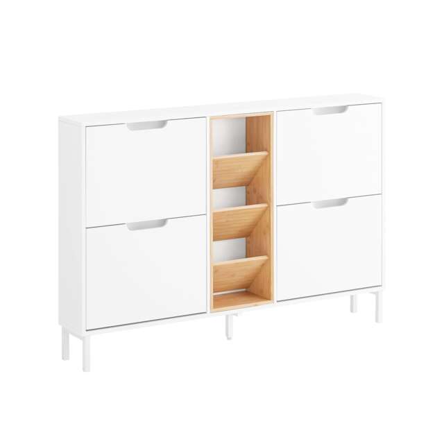SoBuy Shoe Storage Cabinet with 4 Flip Drawers & 3 Open Shelves, White/Natural Bamboo, 49.6x7.4x33.4 inches, 28.75 kg - FSR183-WN