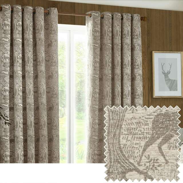 furn. Winter Woods Animal Chenille Taupe Eyelet Curtains (W)168cm x (D)183cm Multi