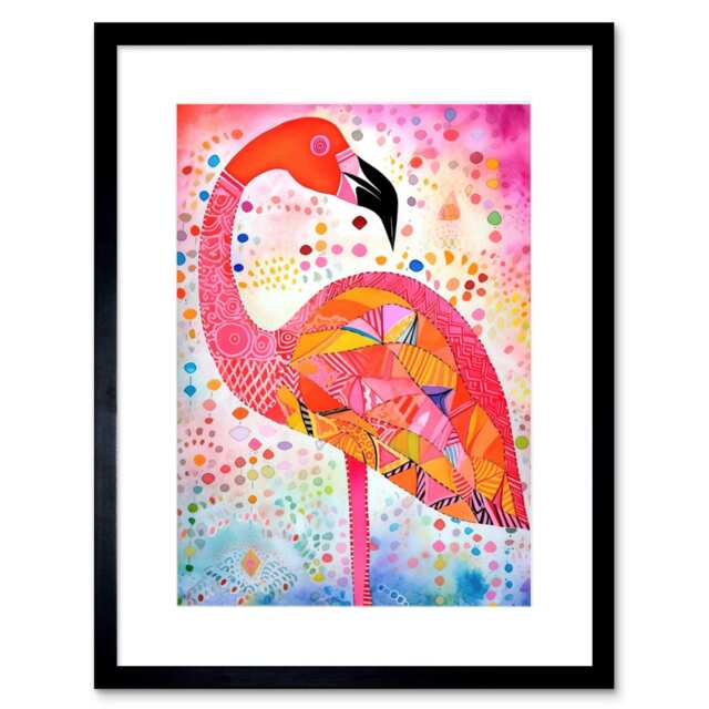 "Flamingo Folk Art Watercolour Painting 9x7"" Black Framed Wall Art Print"