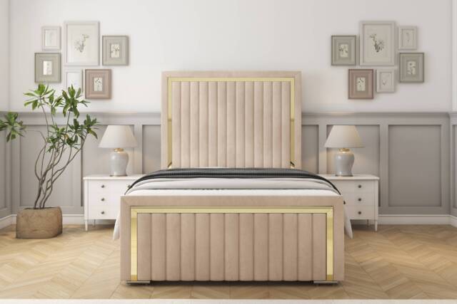 "Sloomy Boston Gold Sand Naples Bed Frame With 50"" Upholstered Headboard 4' Small Double"