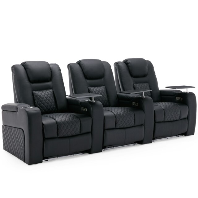 Broadway 3 Seater Cinema Electric Recliner Chair USB LED Base w Tray (Black)