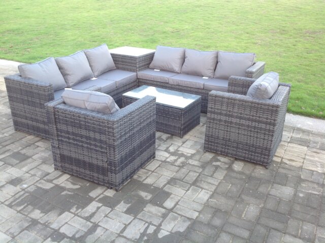 Fimous 8 Seater PE Wicker Outdoor Rattan Garden Furniture Sets Lounge Chair 2 Coffee Table