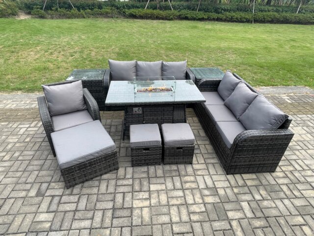 Fimous Wicker Rattan Garden Furniture Set Gas Fire Pit Dining Table Reclining Chair 3 Seater Sofa Set Indoor Outdoor with 2 Side Tables 3 Footstools 10 Seater