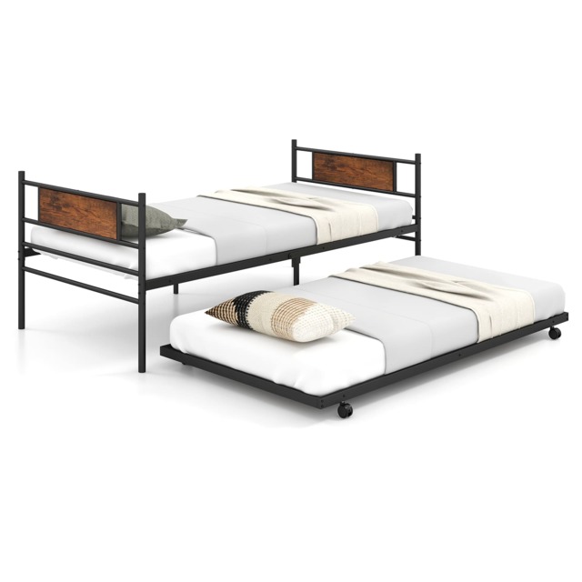 COSTWAY Metal Daybed with Pull out Trundle Single Sofa Guest Bed Headboard