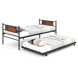 COSTWAY Metal Daybed with Pull out Trundle Single Sofa Guest Bed Headboard
