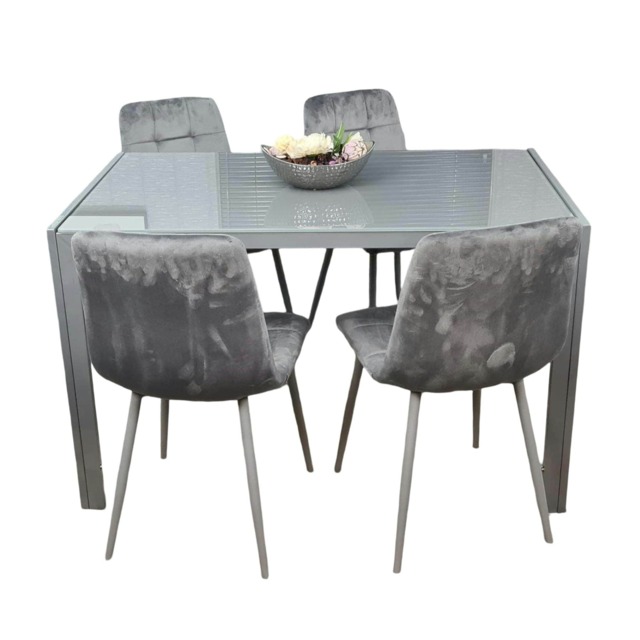 Dining Table and 4 Grey Velvet Chairs Grey Glass Table 4 Velvet Chairs Dining Room Furniture Grey 5