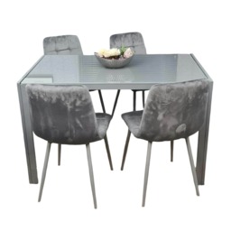 Dining Table and 4 Grey Velvet Chairs Grey Glass Table 4 Velvet Chairs Dining Room Furniture Grey 5