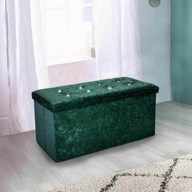 Home Republic Crushed Velvet Storage Ottoman - 76cm x 38cm Foldable Green