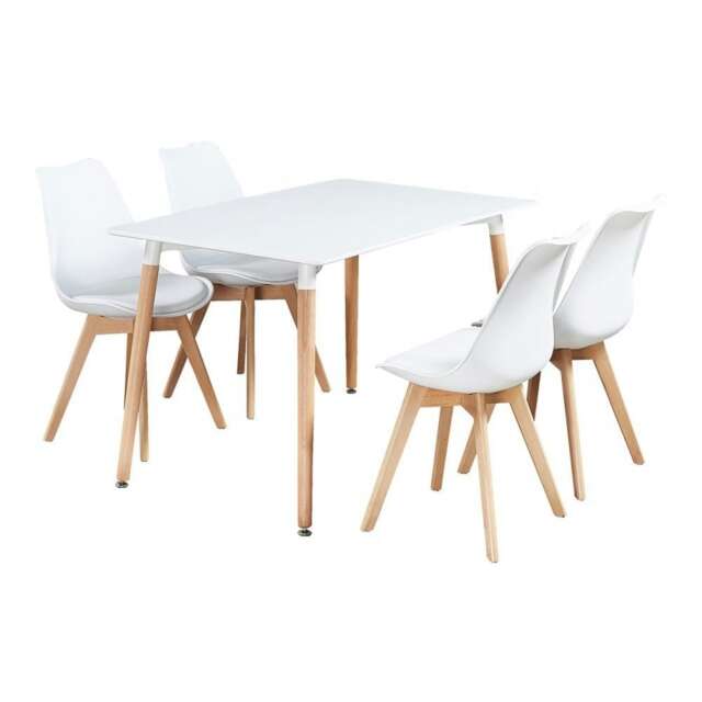5PCs Dining Set - a White Halo Dining Table & Set of 4 Lorenzo Tulip Chairs with Padded Seat White