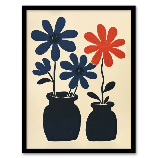 Simple Red Daisy Flowers Pots Folk Art Mattise Black Framed Wall Art Print A4