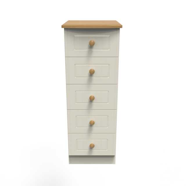 Lancaster 5 Drawer Tall Bedside Cabinet in Cream Ash & Oak (Ready Assembled) Cream Cream Ash & Oak