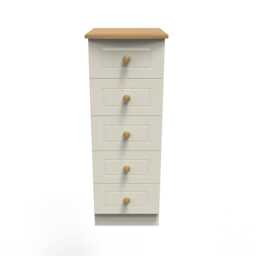 Lancaster 5 Drawer Tall Bedside Cabinet in Cream Ash & Oak (Ready Assembled) Cream Cream Ash & Oak
