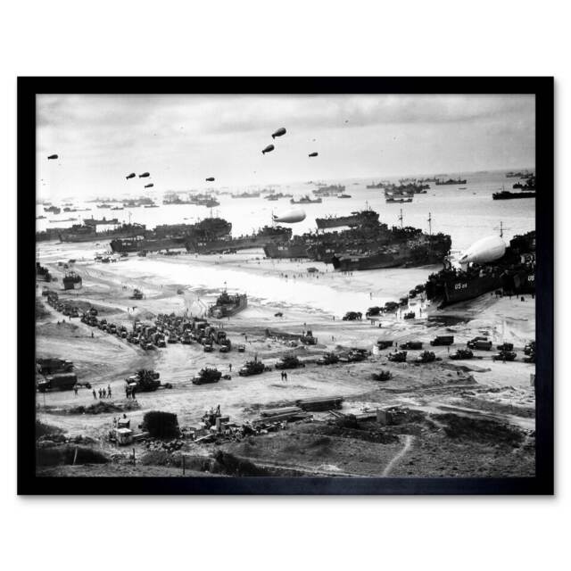 WWII War US Landing Ships Omaha Beach D-day 1944 Framed Wall Art Print