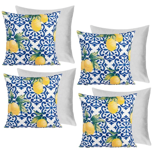 OHS 4 x Water Resistant Outdoor Lemon Garden Filled Chair Cushions, 45x45cm - Blue