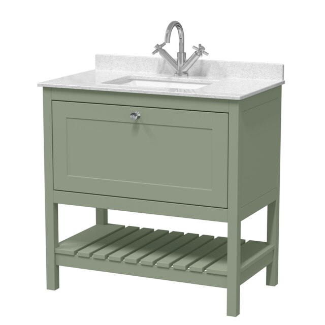 Traditional Furniture Floor Standing 1 Drawer Vanity & 1 Tap Hole Marble Worktop & Basin, 800mm, Fern Green Multi