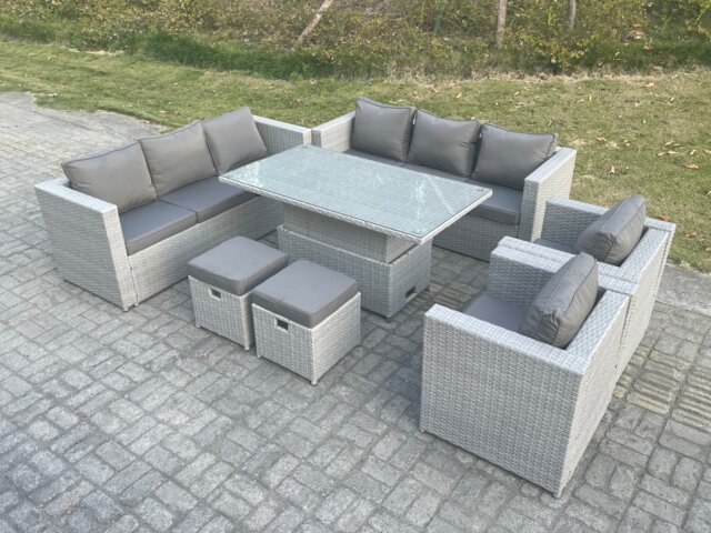 Fimous Rattan Garden Funiture Set Adjustable Rising Lifting Table Sofa Dining Set Lounge Sofa 2 Arm Chair Stool