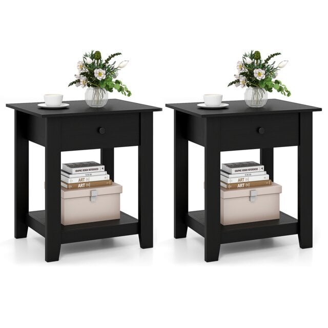 COSTWAY Set of 2 Nightstand with Drawer 3-Tier Black