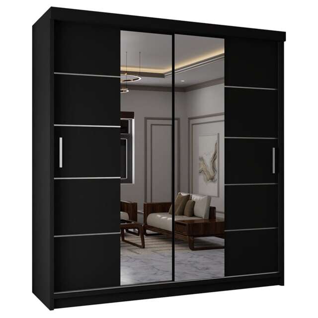 Sliding Wardrobes 4U Modern Panelled Mirror Sliding Wardrobe – 120cm to 203cm, White, Black, Grey, Oak Black Black 180cm