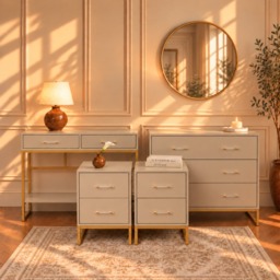 Neutral 3 Drawer Chest Of Drawers, Dressing Table Set & Pair Of Two Drawer Bedside Tables - Liana Taupe Range