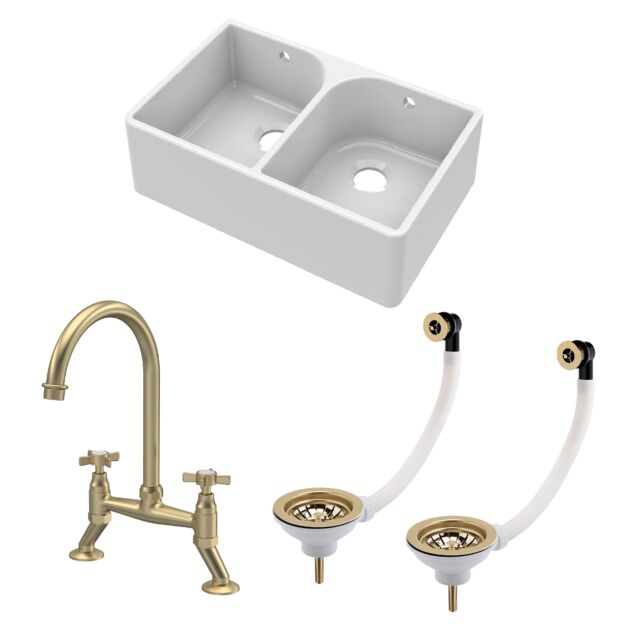 Balterley Fireclay Kitchen Bundle - 2 Bowl Full Weir Butler Sink with Wastes & Bridge Crosshead Tap White White 3