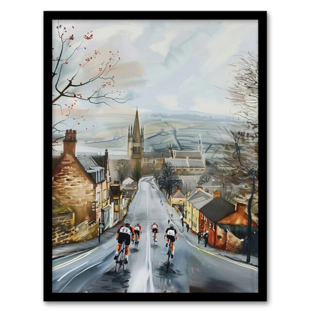 Cyclists Misty Yorkshire Town Street Living Room Black Framed Wall Art Print A4