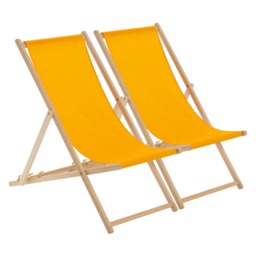 Harbour Housewares Wooden Deck Chairs - 2x Traditional Outdoor Folding Reclining Canvas Sun Lounger Chair Seat - Orange