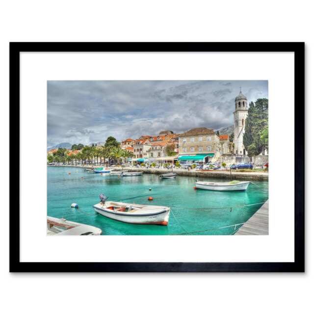 "Croatia Harbour Boats Cavtat Home Decor 12x16"" Framed Wall Art Print"