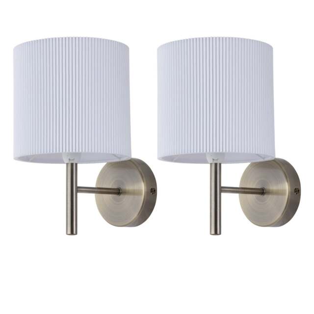 Set of 2 Brea - Antique Brass Wall Lights with White Pleated Shade Yellow White 2