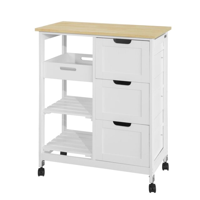 SoBuy FKW79-W,Kitchen Island on Wheels with 3 Drawers and Removable Tray White White