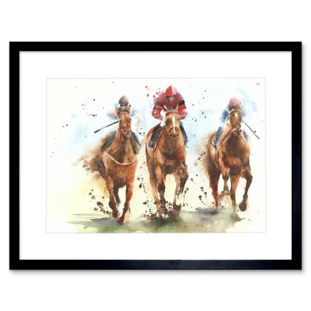 "Horse Racing Race Sport Jockeys Watercolour 9x7"" Black Framed Wall Art Print"
