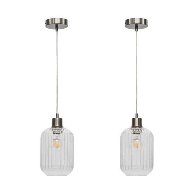 Set of 2 Batley - Clear Ribbed Glass with Satin Nickel Pendant Fitting Clear Clear ribbed glass with satin nickel plate detail Small 2