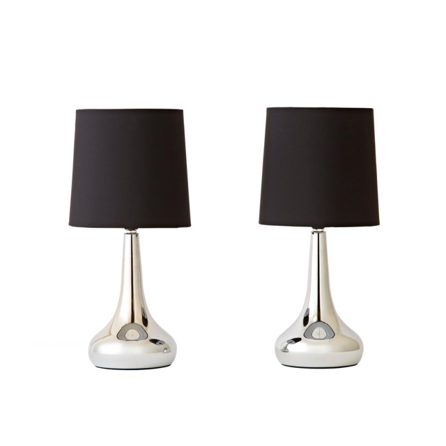 ValueLights Teardrop Pair Chrome Touch Table Lamps Black Shade Black
