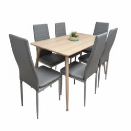 Wooden Dining Table with 6 Grey Faux Leather Chairs Dining Room Furniture