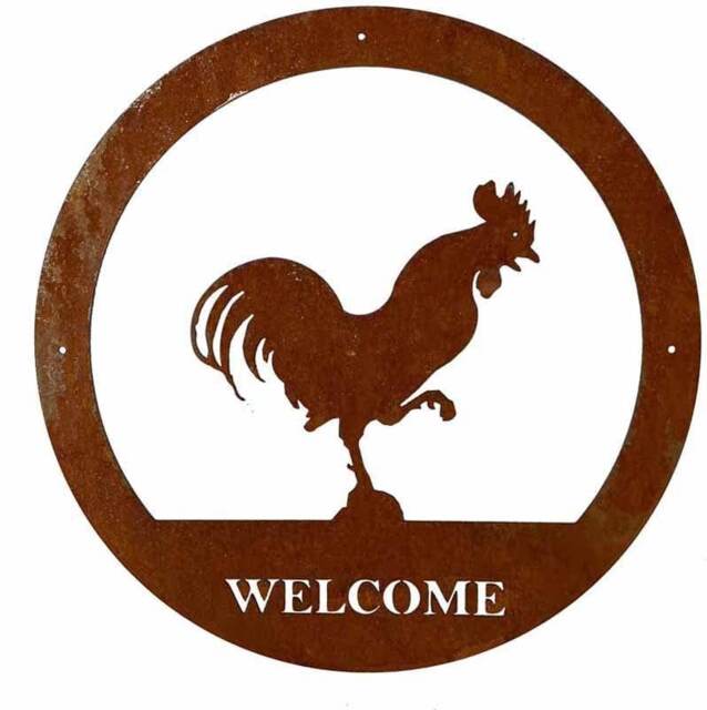 Cockerel Welcome Wall Art - Large - Steel - W49.5 x H49.5 cm - Bare Metal/Ready to Rust Brown