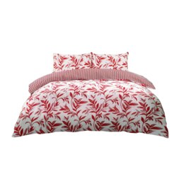 Duvet Cover And Pillowcase Set Reversible Leaf And Stripe Design Polycotton Bed Linen Red Red King