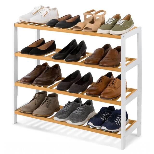 Neo White/Natural 4-Tier Bamboo Shoe Rack Wooden Shoe Storage Organiser Shelf for Hallway, Entrance Living Room White White/Natural