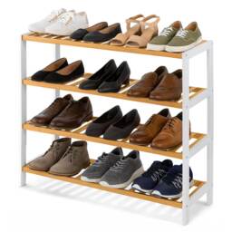 Neo White/Natural 4-Tier Bamboo Shoe Rack Wooden Shoe Storage Organiser Shelf for Hallway, Entrance Living Room White White/Natural