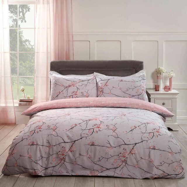 OHS Spring Blossom Floral Print Duvet Cover and Pillowcase Set, Super King - Blush Pink